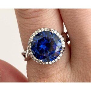 Blue Sapphire Semi-Precious Round Cut 925 Sterling Silver Vintage Ring - sz 8